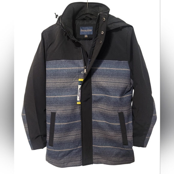 NEW Pendleton Wool Blend Black and Blue Removable Hood Softshell Jacket Small - Picture 11 of 12